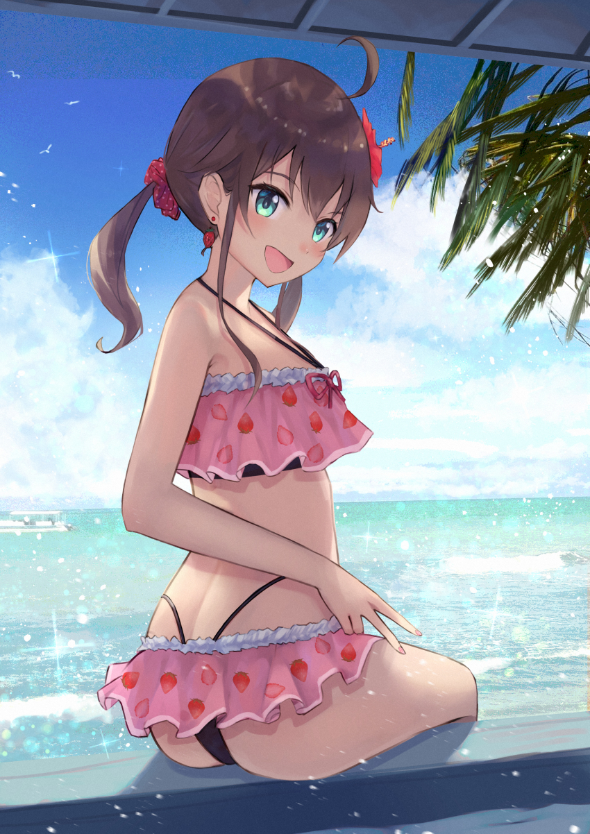 1girl, :d, absurdres, ahoge, aqua_eyes, ass, bare_shoulders, bikini