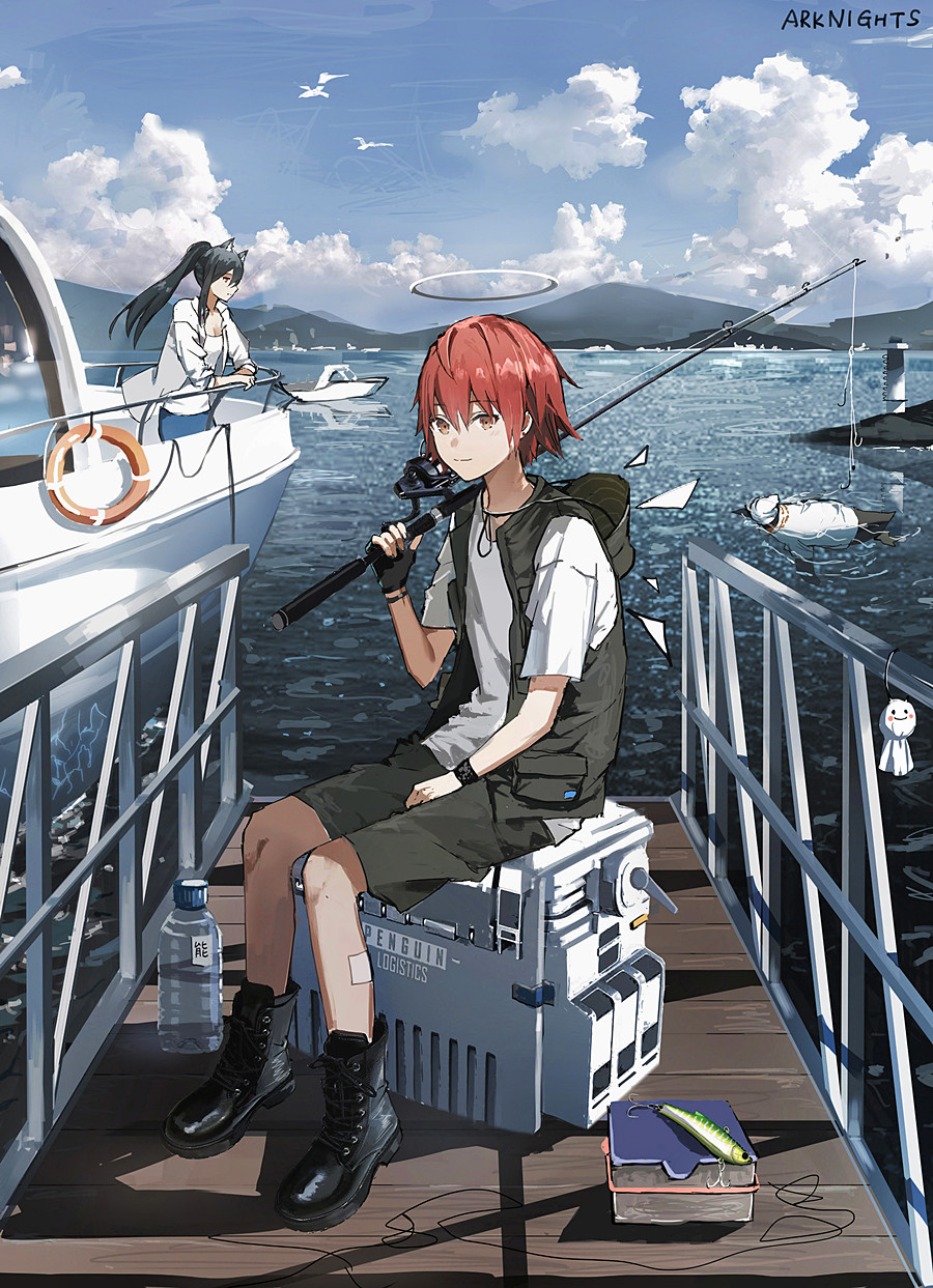 1boy, 2girls, alternate_costume, angel, animal_ears, arknights, bad_id, bad_pixiv_id