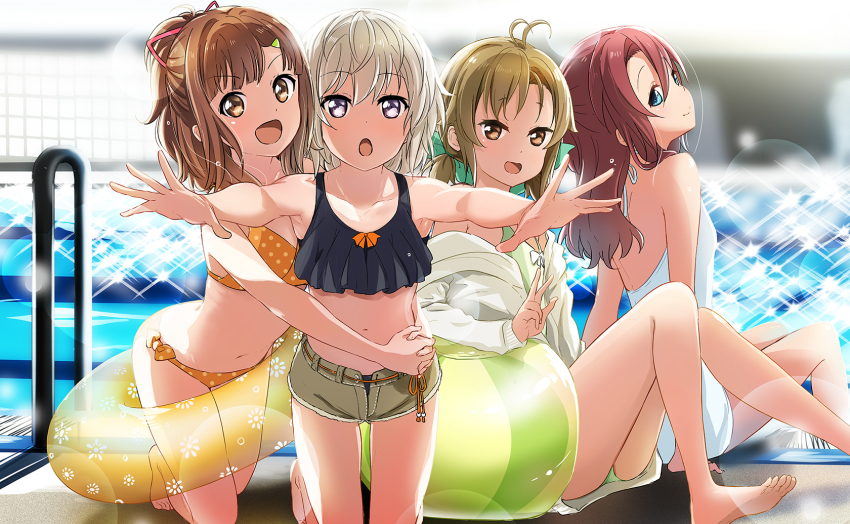 4girls, abe_kanari, blurry, blurry_background, breasts, brown_eyes, brown_hair, collarbone