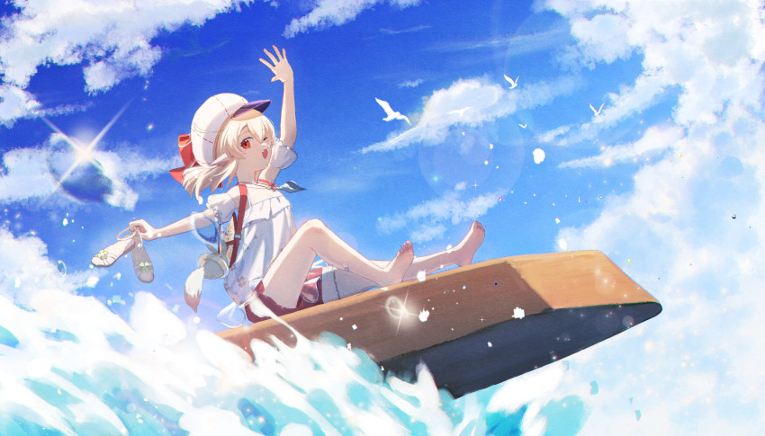 1girl, alternate_costume, backpack, bag, blonde_hair, blue_sky, cloud, cloudy_sky