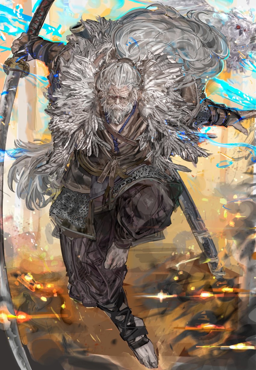 1boy, armor, beard, facial_hair, facing_viewer, faulds, full_body, great_shinobi_owl