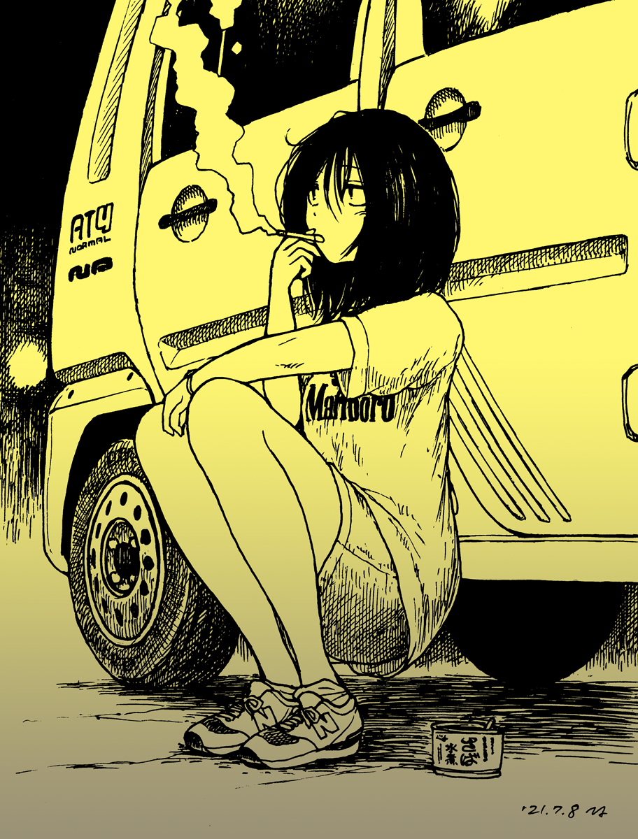 1girl, ashtray, black_hair, car, cigarette, highres, holding, holding_cigarette, leaning_on_object, marlboro, medium_hair, motor_vehicle, original, outdoors, satou_ikken, shoes, shorts, smoke, smoking, sneakers, solo, squatting