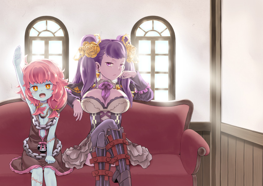 2girls, :d, blue_skin, blue_sky, breasts, colored_skin, day, etrian_odyssey, feet_out_of_frame, flat_chest, indoors, large_breasts, crossed_legs, long_hair, looking_at_viewer, minami_juujisei, multiple_girls, open_mouth, pink_hair, purple_eyes, purple_hair, purple_neckwear, riri_(sekaiju), scar, sekaiju_no_meikyuu, sekaiju_no_meikyuu_5, sitting, sky, smile, sororu, twintails, waving, window