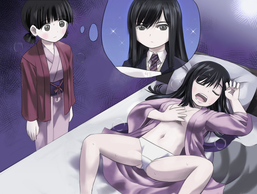 2girls, alternate_hairstyle, bed, black_eyes, black_hair, blush, breasts, cleavage