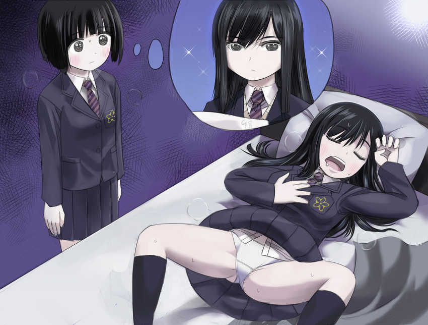2girls, bed, black_eyes, black_hair, blush, bob_cut, clothes_lift, commentary, drooling, expressionless, female_focus, hosoinogarou, imagining, koguma_(super_cub), long_hair, looking_at_another, multiple_girls, necktie, on_bed, open_mouth, panties, pillow, purple_background, reiko_(super_cub), school_uniform, short_hair, simple_background, skirt, skirt_lift, sleeping, snoring, sparkle, speech_bubble, spread_legs, super_cub, sweat, teeth, thought_bubble, underwear, upper_teeth_only, white_panties, yuri
