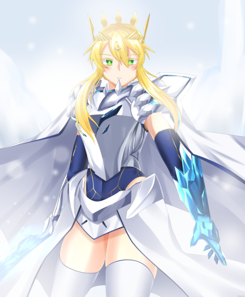 1girl, absurdres, ahoge, armor, artoria_pendragon_(fate), artoria_pendragon_(lancer)_(fate), bare_shoulders, blonde_hair, blue_gloves, blue_leotard, blush, braid, cape, cosplay, crossover, crown, fate/grand_order, fate_(series), french_braid, fur-trimmed_cape, fur_trim, gloves, green_eyes, hair_between_eyes, highres, holding, holding_sword, holding_weapon, horns, huge_filesize, kamen_rider, kamen_rider_blades, kamen_rider_blades_(cosplay), kamen_rider_saber_(series), leotard, long_hair, looking_at_viewer, reiei_8, rider-tan, servant_(fate), sidelocks, single_horn, solo, swept_bangs, sword, thighhighs, weapon, white_thighhighs
