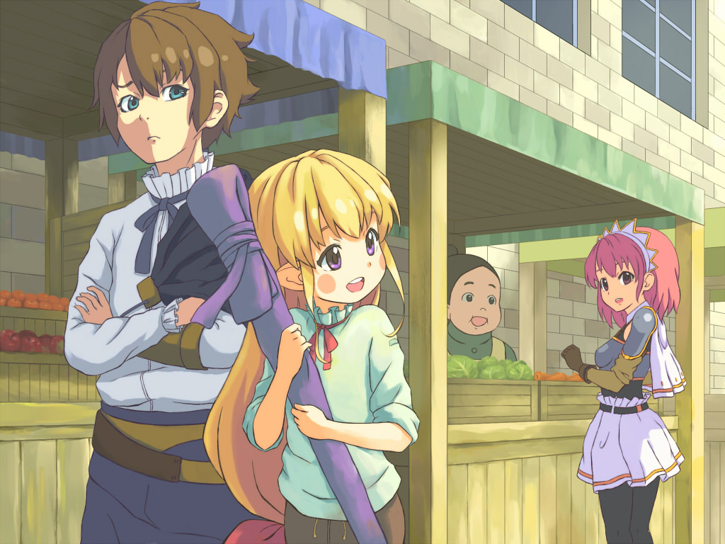 00s, 1boy, 3girls, armor, bad_id, bad_pixiv_id, blonde_hair, blue_eyes, blush, blush_stickers, bow, brown_hair, cecily_cambell, food, katana, lisa_(seiken_no_blacksmith), luke_ainsworth, market, multiple_girls, pointy_ears, purple_eyes, red_hair, seiken_no_blacksmith, sword, thighhighs, unyagi, vegetable, weapon
