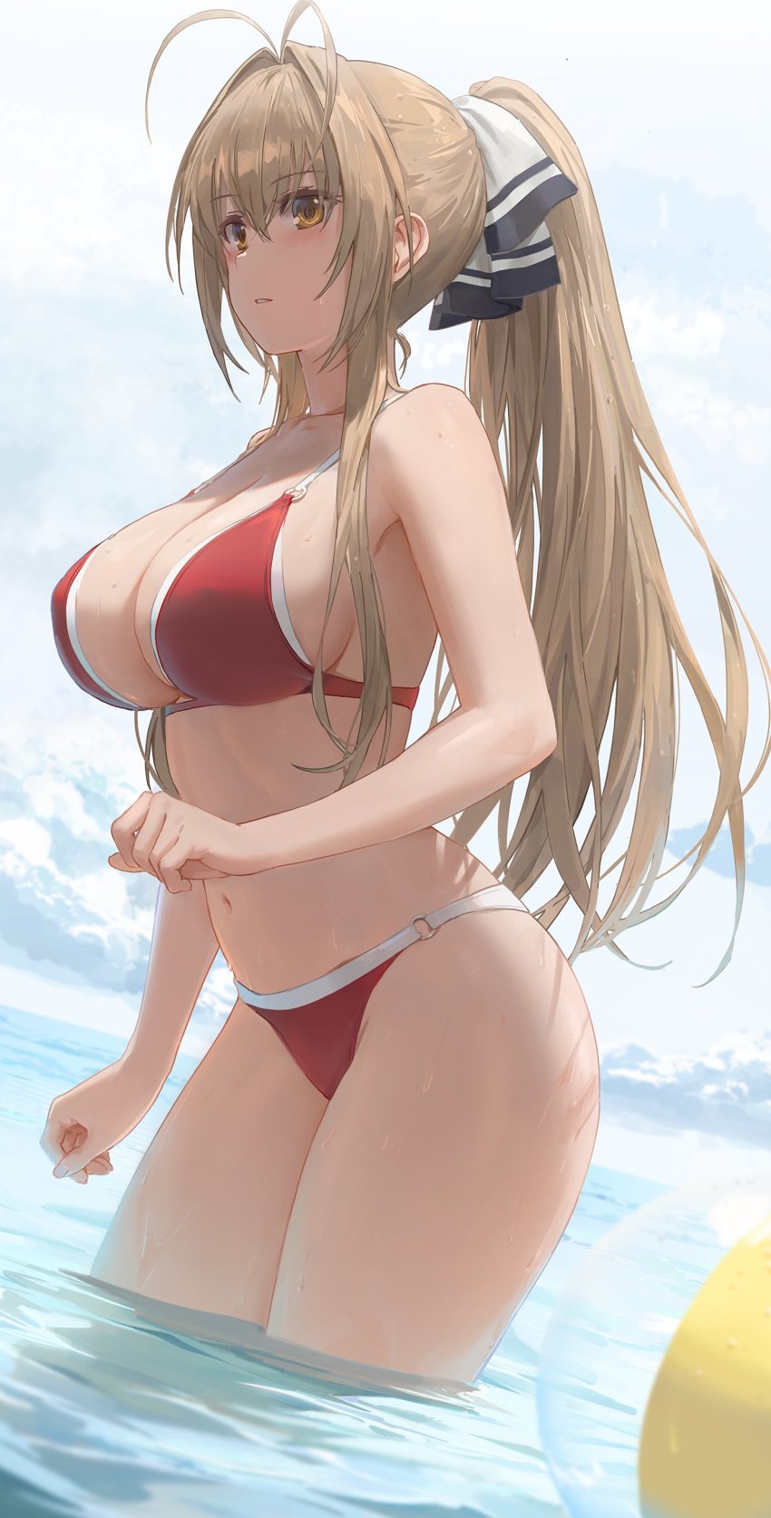 1girl, absurdres, amagi_brilliant_park, antenna_hair, bare_shoulders, bikini, blush, breasts, brown_eyes, brown_hair, cleavage, collarbone, free_style_(yohan1754), from_side, highres, large_breasts, long_hair, looking_to_the_side, navel, o-ring, o-ring_bikini, ponytail, red_bikini, sento_isuzu, solo, swimsuit, wading