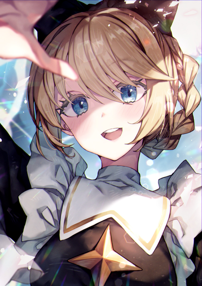 1girl, :d, absurdres, afk_(series), afk_arena, blue_eyes, braid, commentary, english_commentary, hair_between_eyes, highres, huge_filesize, light_brown_hair, looking_at_viewer, open_mouth, redcomet, rosaline_(afk_arena), round_teeth, smile, solo, teeth, upper_body