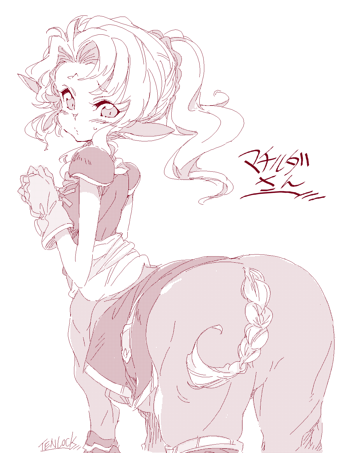 1girl, animal_ears, ass, braided_tail, centauroid, female_focus, from_behind, gloves, highres, horse_ears, kugimiya_atsuki, looking_at_viewer, looking_back, matilda_(shining_force), monochrome, monster_girl, ponytail, sega, shining_(series), shining_force_ii, solo, taur