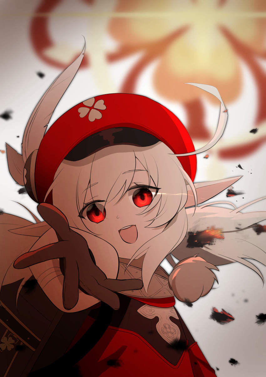 1girl, :d, absurdres, ahoge, backpack, bag, blurry, brown_gloves