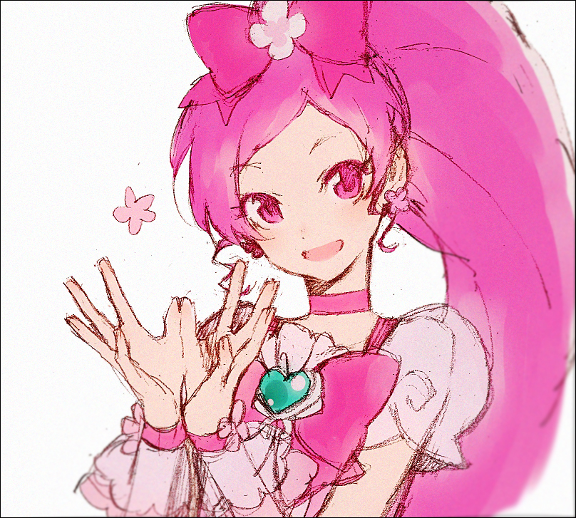 1girl, bow, bowtie, brooch, choker, cure_blossom, dress, earrings