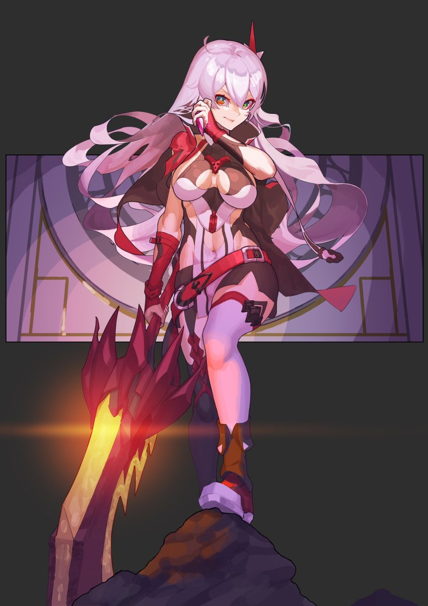 +_+, 1girl, antenna_hair, asymmetrical_gloves, blue_eyes, breasts, cleavage, closed_mouth