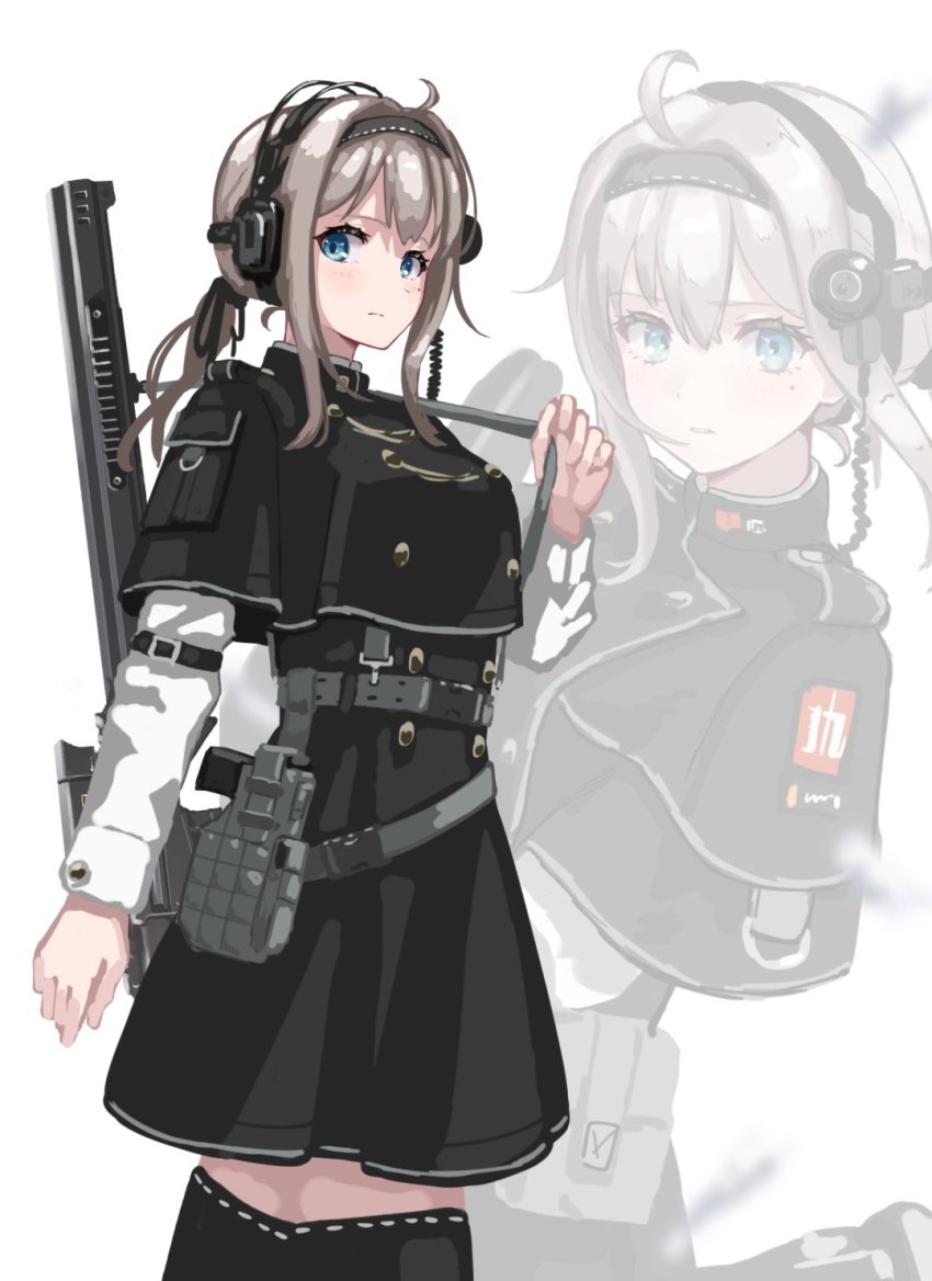 1girl, ahoge, black_dress, blue_eyes, dress, emblem, grey_hair, gun
