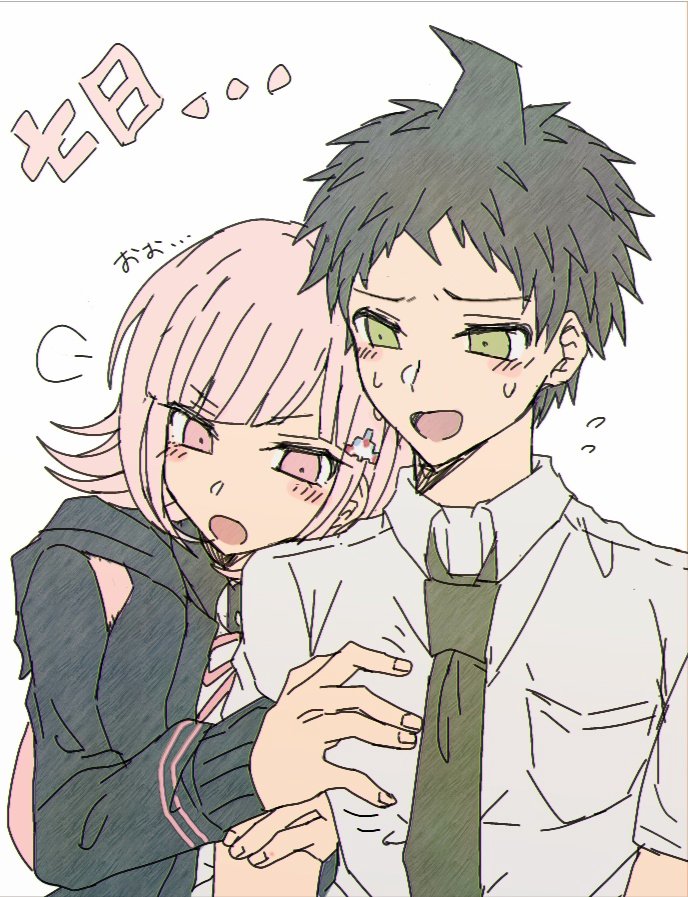 1boy, 1girl, ahoge, backpack, bag, black_jacket, breasts, brown_hair, collared_shirt, commentary_request, danganronpa_(series), danganronpa_2:_goodbye_despair, dress_shirt, green_eyes, grey_background, grey_shirt, hair_ornament, hands_up, hinata_hajime, hood, hooded_jacket, jacket, large_breasts, light_brown_hair, long_sleeves, medium_hair, nanami_chiaki, neck_ribbon, necktie, pink_eyes, pink_hair, ribbon, shi_gu_(sigu_69), shirt, short_hair, simple_background, sketch, translation_request