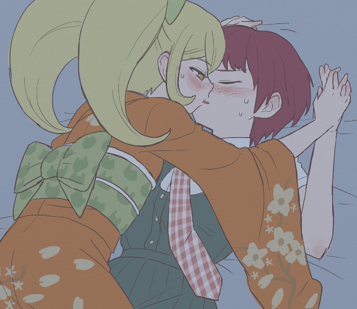 2girls, animal_print, blonde_hair, blush, bow, cat_print, closed_eyes, commentary_request, danganronpa_(series), danganronpa_2:_goodbye_despair, dress, floral_print, freckles, gingham_clothes, gingham_necktie, girl_on_top, green_bow, half-closed_eye, holding_hands, imminent_kiss, interlocked_fingers, japanese_clothes, kimono, koizumi_mahiru, long_hair, lying, multiple_girls, namu_(nurui_cha), necktie, on_back, plaid_clothes, plaid_neckwear, profile, red_neckwear, saionji_hiyoko, short_hair, sweat, twintails, white_neckwear, yuri