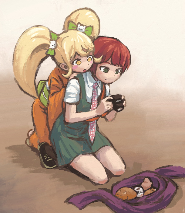 2girls, animal, black_footwear, blonde_hair, bow, brown_background, camera, cat_hair_ornament