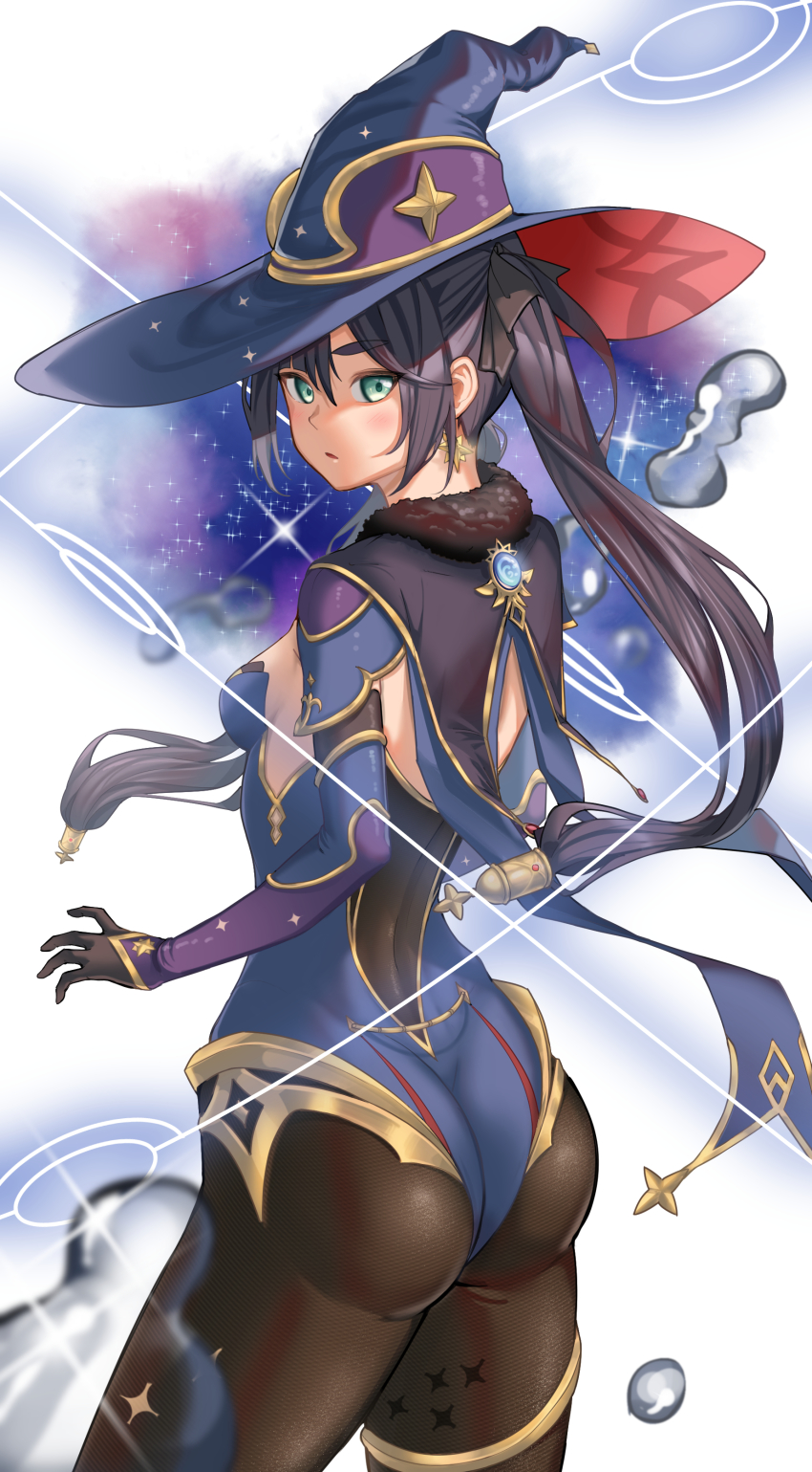 1girl, absurdres, ass, bad_id, bad_pixiv_id, black_hair, blue_leotard, blush, breasts, capelet, cowboy_shot, earrings, floating_hair, from_side, fur_collar, genshin_impact, green_eyes, hat, highres, jewelry, leotard, looking_at_viewer, mona_(genshin_impact), pantyhose, sodmango, solo, sparkle_print, star_(symbol), star_earrings, star_symbol_background, thighlet, twintails, water, water_drop, witch_hat