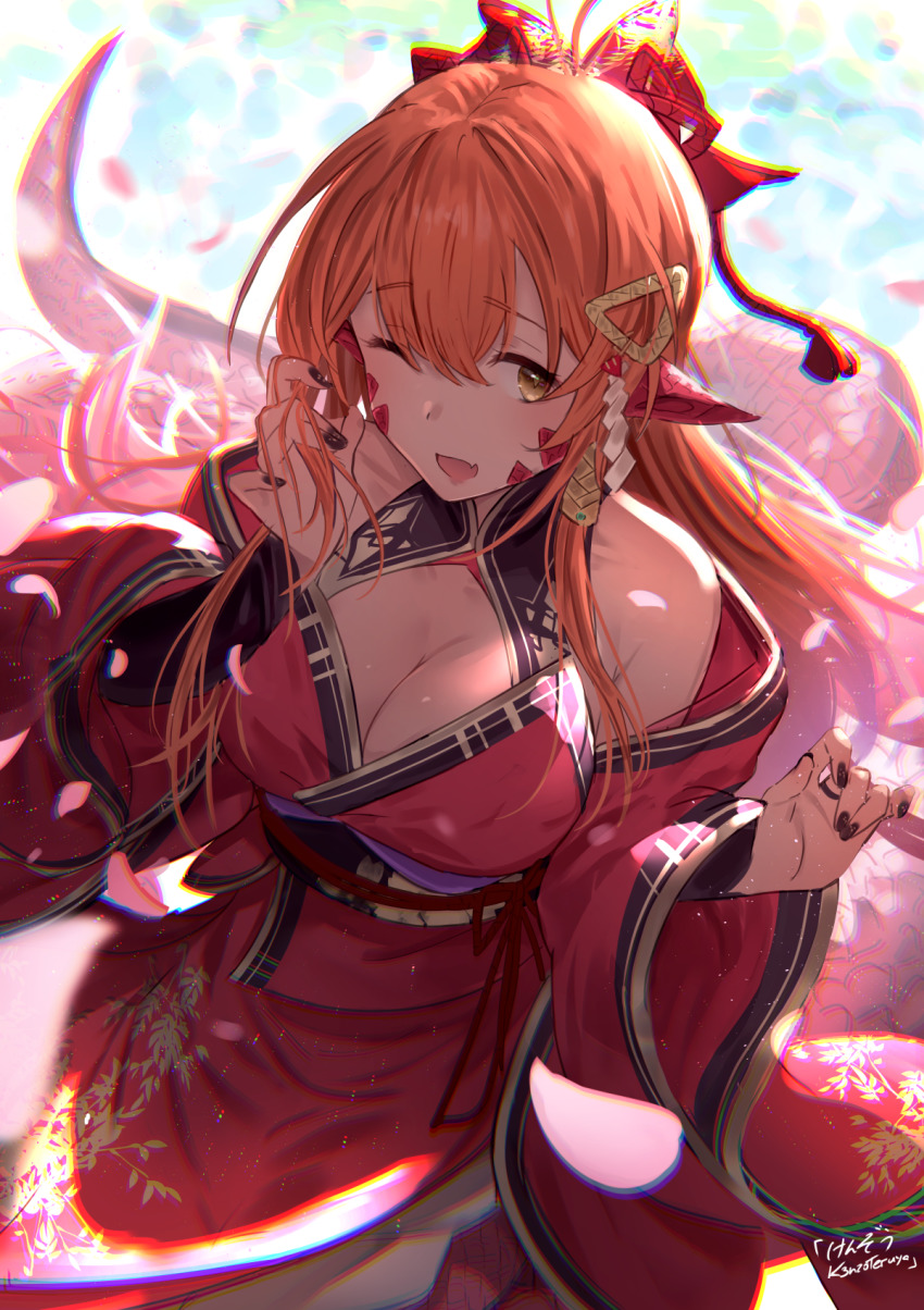 1girl, artist_name, bare_shoulders, black_nails, breasts, cleavage, commentary_request, fang, fingernails, hair_between_eyes, hair_ornament, hairclip, highres, japanese_clothes, k3nzoteruta, kimono, lamia, large_breasts, long_hair, miia_(monster_musume), monster_girl, monster_musume_no_iru_nichijou, nail_art, nail_polish, one_eye_closed, open_mouth, orange_hair, pointy_ears, scales, slit_pupils, solo, yellow_eyes, yukata