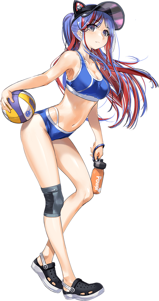 1girl, animal_hat, ball, bikini, black_footwear, blue_bikini, blue_hair, blue_tank_top