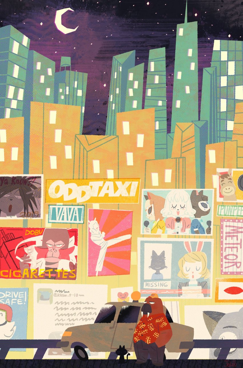 absurdres, alpaca, alpaca_girl, animal, baba_atsuya, building, car, cat, cat_girl, city, city_lights, furry, furry_male, highres, ichimura_shiho, jeluto, kabasawa_taichi, kicking, mitsuya_yuki, monkey, moon, motor_vehicle, night, nikaidou_rui, odd_taxi, odokawa_hiroshi, rabbit_girl, shirakawa_(odd_taxi), shirakawa_miho, skyscraper, solo, tanaka_hajime_(odd_taxi), taxi, walrus, yano_(odd_taxi)