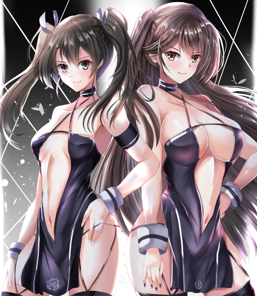 2girls, absurdres, azur_lane, bare_shoulders, breasts, brown_hair, cleavage, crossover, dress, hair_ribbon, halterneck, high_ponytail, highres, historical_name_connection, kantai_collection, kentan_(kingtaiki), large_breasts, long_hair, looking_at_viewer, multiple_girls, name_connection, navel, official_alternate_costume, ponytail, race_queen, revealing_clothes, ribbon, side_ponytail, smile, thighhighs, twintails, very_long_hair, yellow_eyes, zuikaku_(azur_lane), zuikaku_(kancolle), zuikaku_(the_wind's_true_name)_(azur_lane)