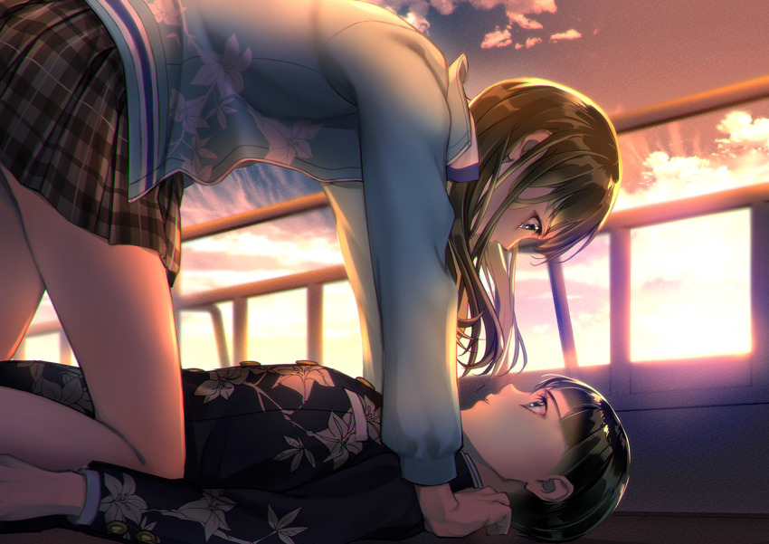 1boy, 1girl, bad_id, bad_pixiv_id, black_hair, cloud, cloudy_sky, eye_contact