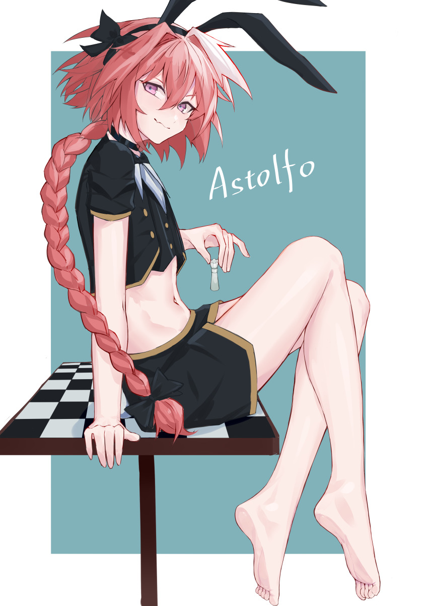 1boy, absurdres, astolfo_(fate), axescr, barefoot, bow, braid, braided_ponytail, character_name, crossdressing, crossdressing_(mtf), fate/grand_order, fate_(series), feet, full_body, hair_between_eyes, hair_bow, highres, long_hair, looking_at_viewer, male_focus, multicolored_hair, pink_hair, purple_eyes, sitting, skirt, smile, solo, streaked_hair, trap, two-tone_hair, white_hair