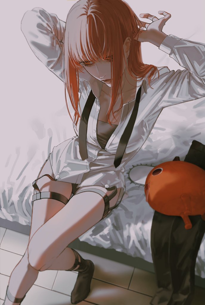 1girl, adjusting_hair, bed, bed_sheet, black_legwear, black_panties, black_pants, black_shirt, blouse, breasts, chainsaw_man, cleavage, collarbone, collared_shirt, garter_straps, hair_behind_ear, hair_undone, hand_in_own_hair, holding, holding_own_hair, iamthekingofegg, legwear_garter, long_hair, long_sleeves, looking_down, makima_(chainsaw_man), necktie, on_bed, panties, pants, partially_unbuttoned, pochita_(chainsaw_man), red_hair, ringed_eyes, shirt, shirt_under_shirt, sidelocks, sitting, solo, stuffed_toy, thigh_strap, undershirt, underwear, undressing, untying, unworn_necktie, unworn_pants, white_shirt, yellow_eyes