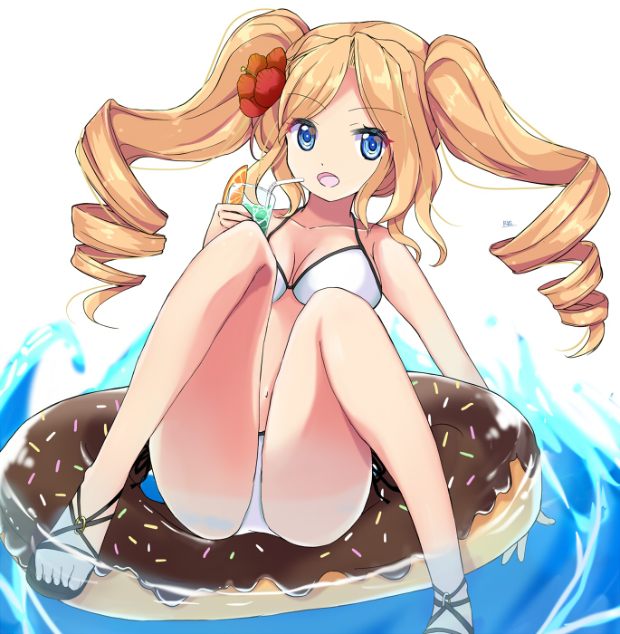 1girl, bikini, blonde_hair, blue_eyes, breasts, cup, donut_innertube, drill_hair