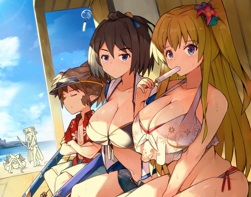 alternate_breast_size, beach, beach_house, bikini, blonde_hair, breasts, brown_hair, buried, crossed_arms, draph, eahta_(granblue_fantasy), food, granblue_fantasy, harvin, hawaiian_shirt, large_breasts, long_hair, mirin_(granblue_fantasy), narmaya_(granblue_fantasy), pointy_ears, ponytail, popsicle, sevilbarra, shion_(granblue_fantasy), shirt, suikawari, sweat, swimsuit, usugiri_bacon, visor_cap, wind_chime