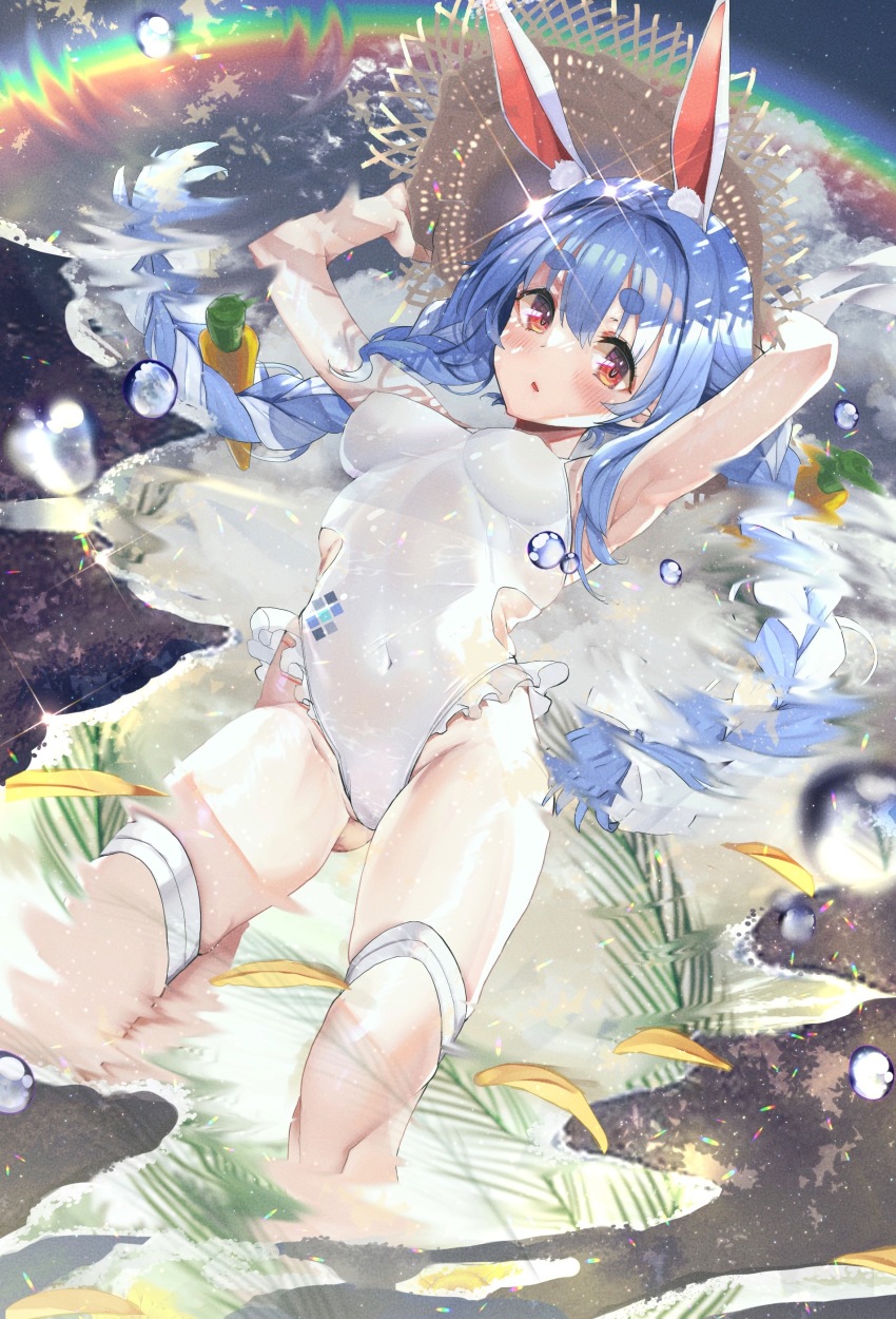 1girl, absurdres, animal_ear_fluff, animal_ears, armpits, arms_up, blue_hair, blush