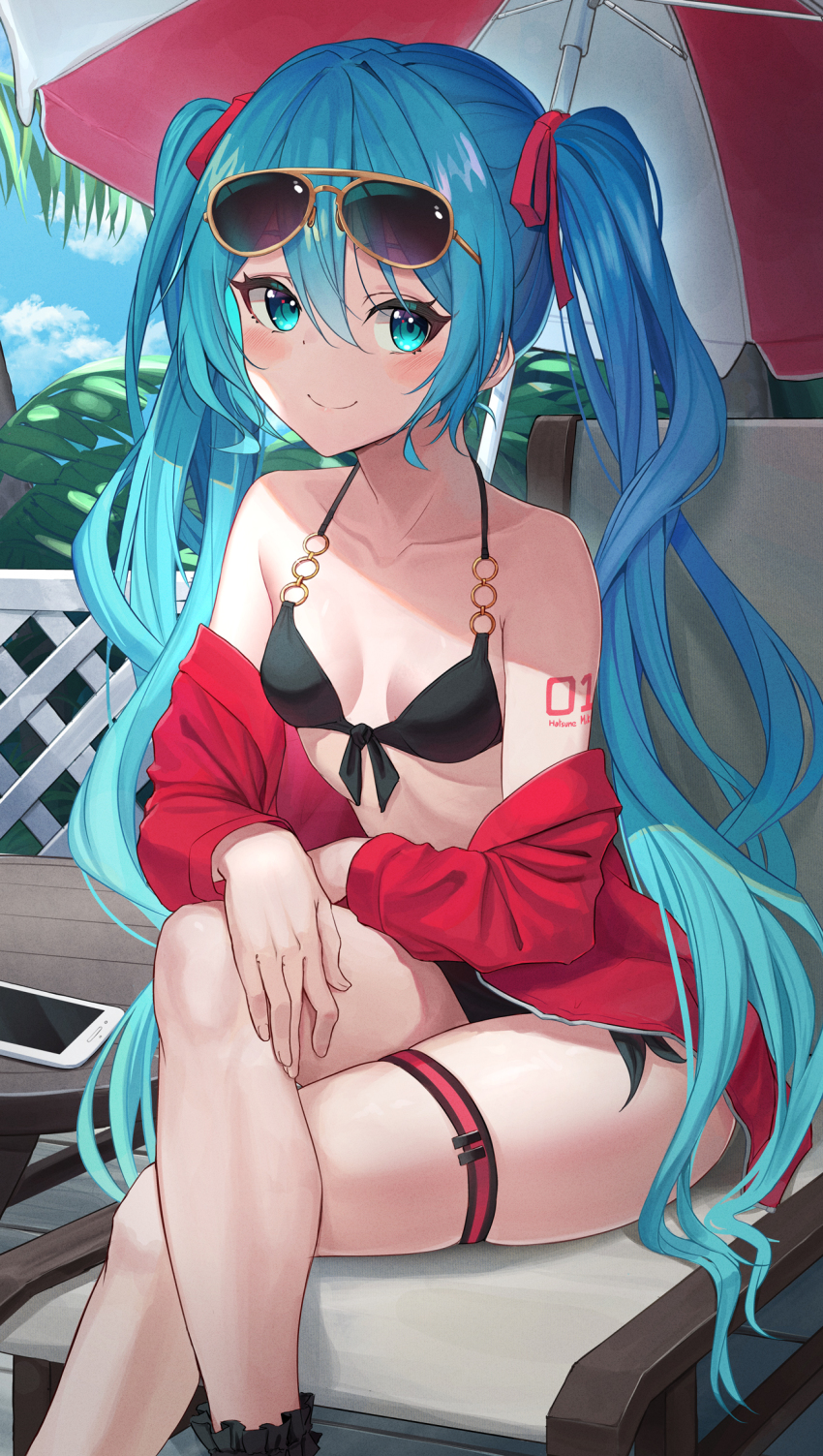 1girl, bare_shoulders, beach_umbrella, bib_(bibboss39), bikini, black_bikini, blue_eyes, blue_hair