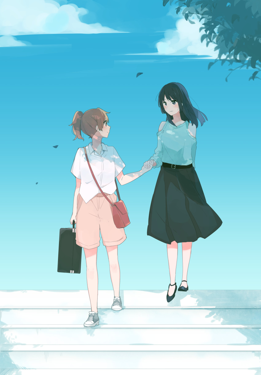 2girls, absurdres, bag, belt, black_footwear, black_hair, blue_shirt, blue_sky