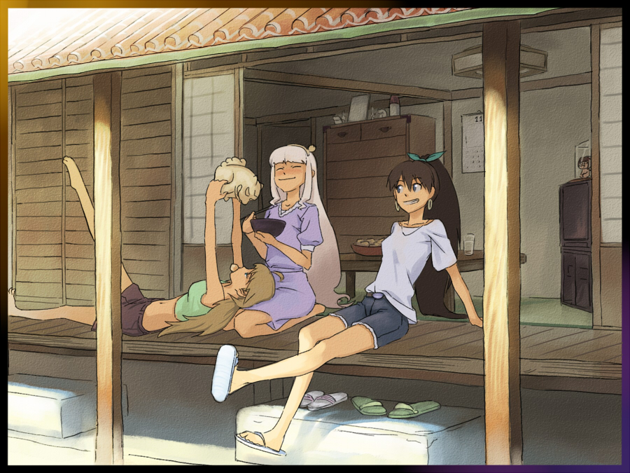 00s, 3girls, ahoge, black_hair, blonde_hair, blue_eyes, blush, border