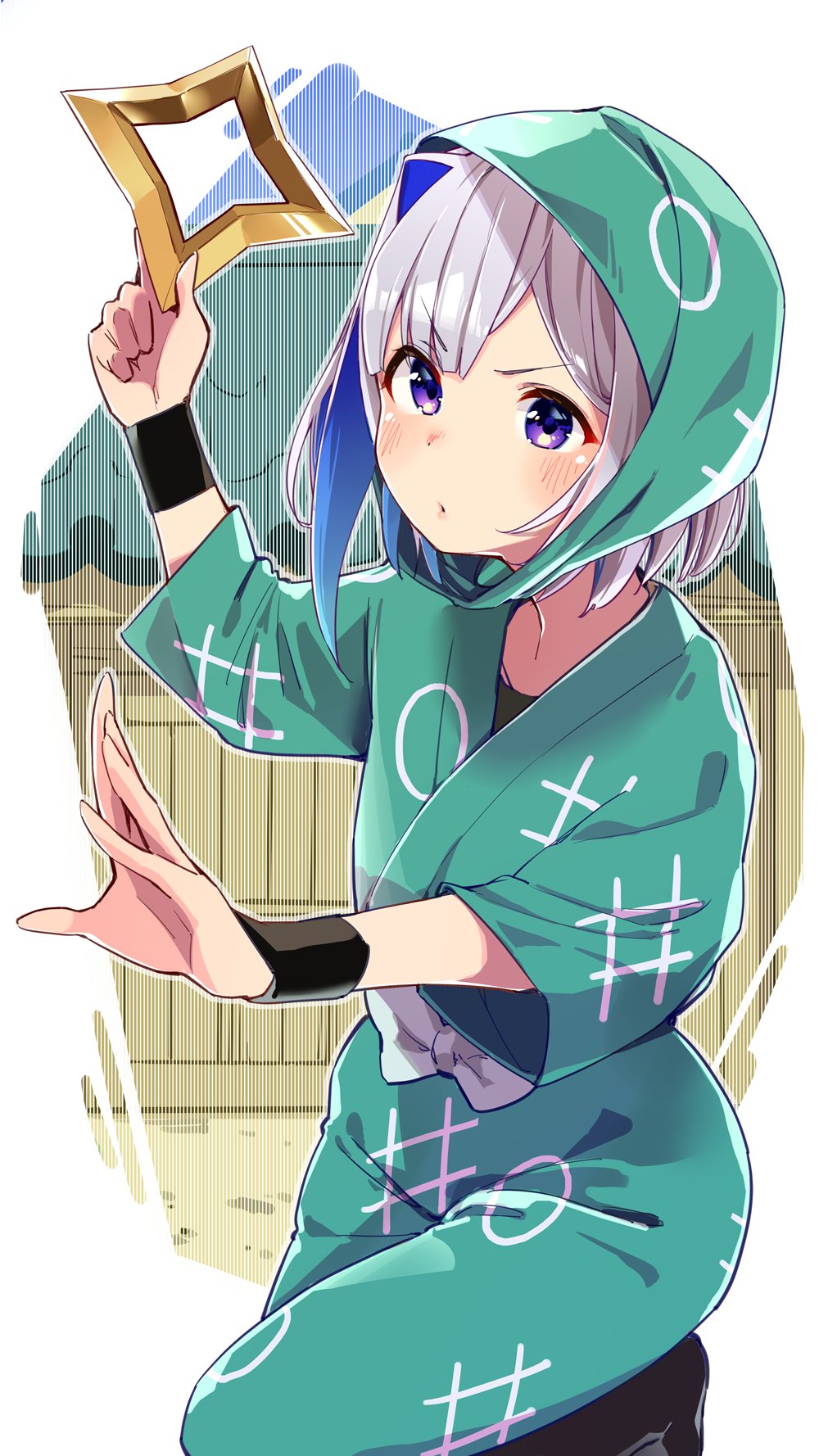 1girl, amane_kanata, blue_eyes, blue_hair, blush, bob_cut, colored_inner_hair, commentary, cosplay, highres, holding, holding_weapon, hololive, inadera_rantarou, inadera_rantarou_(cosplay), leg_up, looking_at_viewer, multicolored_hair, ninja, purple_eyes, rakudai_ninja_rantarou, round_eyewear, short_hair, shuriken, silver_hair, single_hair_intake, solo, streaked_hair, virtual_youtuber, weapon, wristband, yuyaiyaui