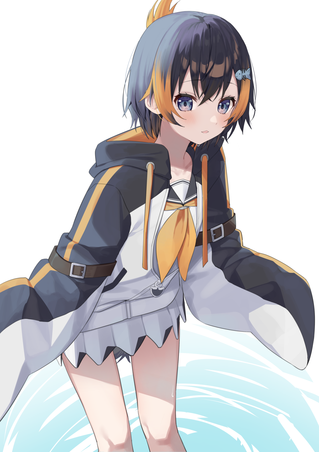 1girl, animal_hood, black_hair, black_hoodie, black_sailor_collar, blue_eyes, blush, commentary