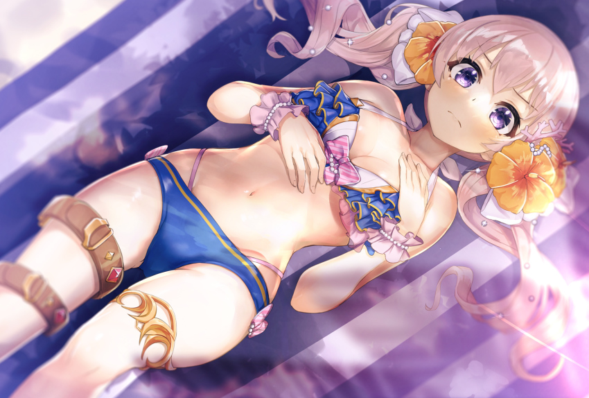 1girl, bikini, blue_bikini, breasts, halterneck, jewelry, large_breasts, minutachi