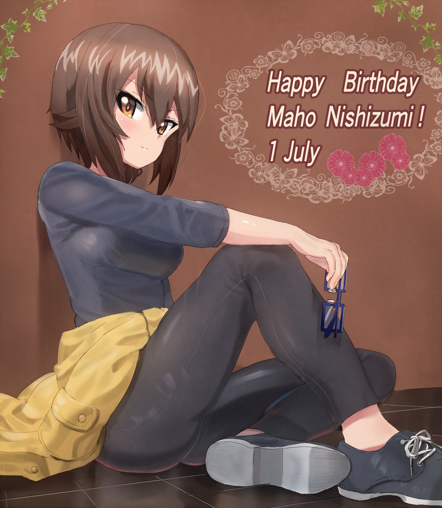 1girl, arm_on_knee, birthday, black_pants, blue-framed_eyewear, blue_shirt, blue_shoes, brown_background