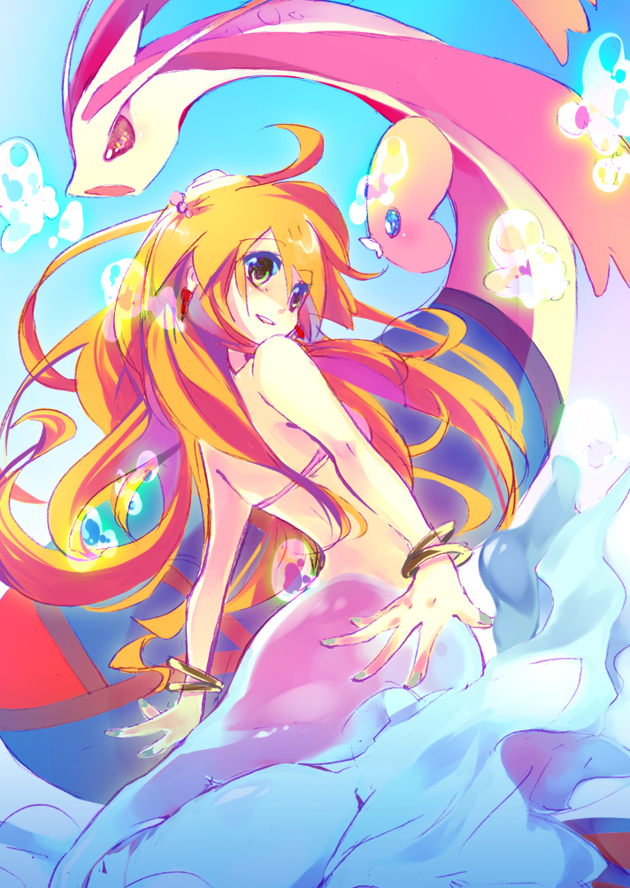 1girl, back, bare_shoulders, earrings, gen_3_pokemon, green_eyes, hair_ornament, intrinsical, jewelry, long_hair, looking_at_another, luvdisc, mermaid, mermaid_costume, mermaid_misty_(pokemon), milotic, misty_(pokemon), monster_girl, nintendo, orange_hair, pokemon, pokemon_(anime), pokemon_(classic_anime), pokemon_(creature), smile, underwater