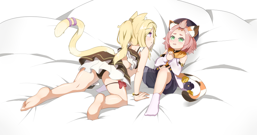 2girls, absurdres, all_fours, animal_ear_fluff, animal_ears, ass, bangs_pinned_back, barefoot, bed_sheet, honkai_gakuen, black_panties, black_shorts, blonde_hair, blush, cat_ears, cat_girl, cat_tail, commentary_request, company_connection, crossover, detached_sleeves, diona_(genshin_impact), eyes_visible_through_hair, genshin_impact, green_eyes, hat, highres, honkai_(series), long_hair, looking_at_another, lying, mihoyo, multiple_girls, ninti_apocalypse, panties, parted_lips, pink_hair, puffy_shorts, puffy_sleeves, purple_eyes, short_hair, shorts, side_ponytail, sidelocks, tail, thick_eyebrows, underwear, xianyu_fanshen_qian