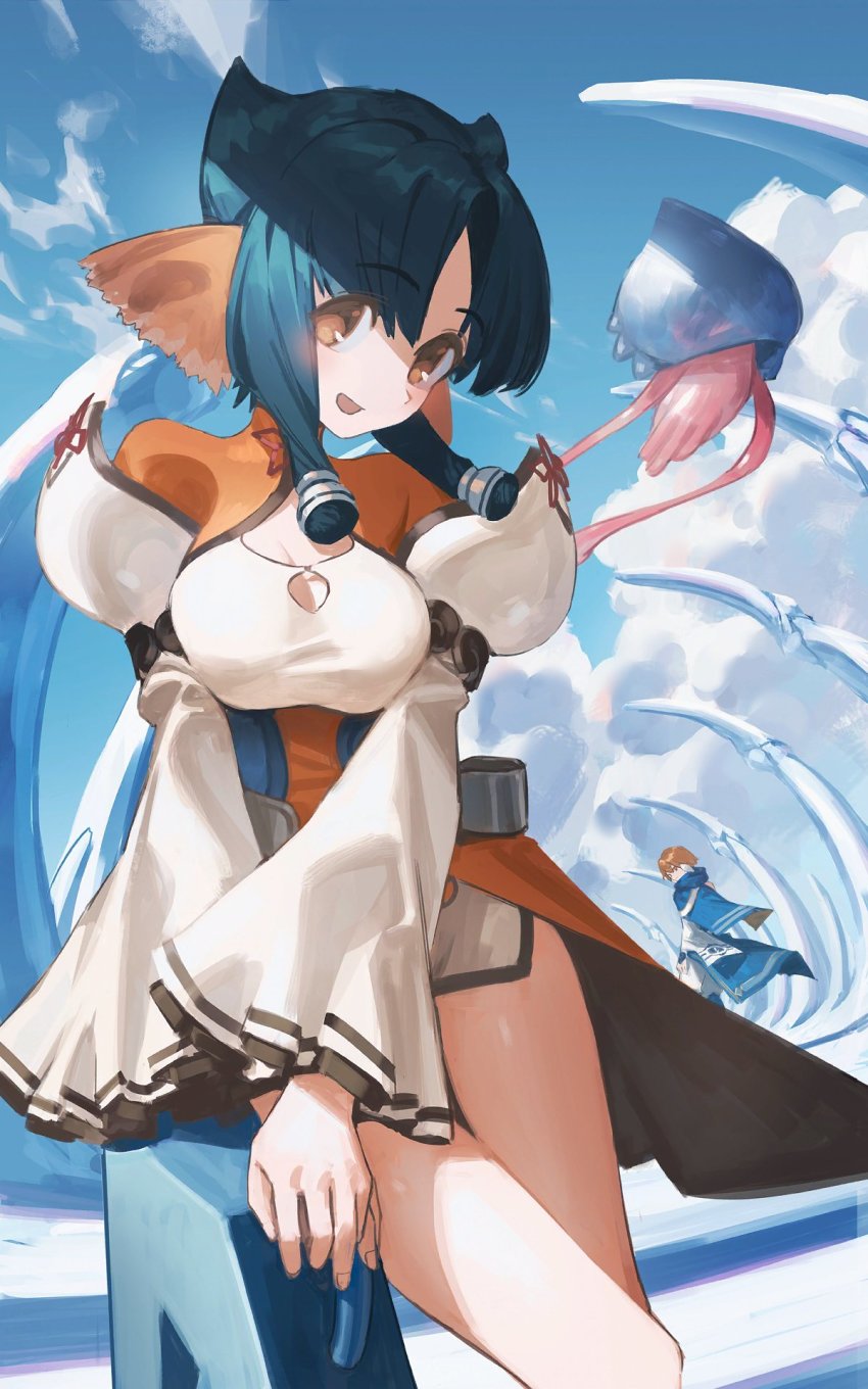 1boy, 1girl, ainu_clothes, animal_ears, aquaplus, artist_request, atuy, bare_legs, blonde_hair, blue_hair, blue_sky, blush, breasts, breasts_squeezed_together, bridge, brown_eyes, cleavage, cleavage_cutout, clothing_cutout, cloud, cloudy_sky, cowboy_shot, curvy, from_behind, highres, itak_(utawarerumono:_futari_no_hakuoro), jellyfish, kurarin_(utawarerumono), large_breasts, long_sleeves, medium_hair, official_art, open_mouth, outdoors, raised_eyebrows, sidelocks, sky, thighs, utawarerumono, utawarerumono:_futari_no_hakuoro, utawarerumono:_itsuwari_no_kamen, utawarerumono:_lost_flag