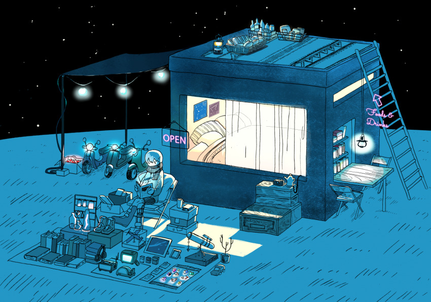 1boy, basket, bed, blanket, book, book_stack, boots, unworn_boots