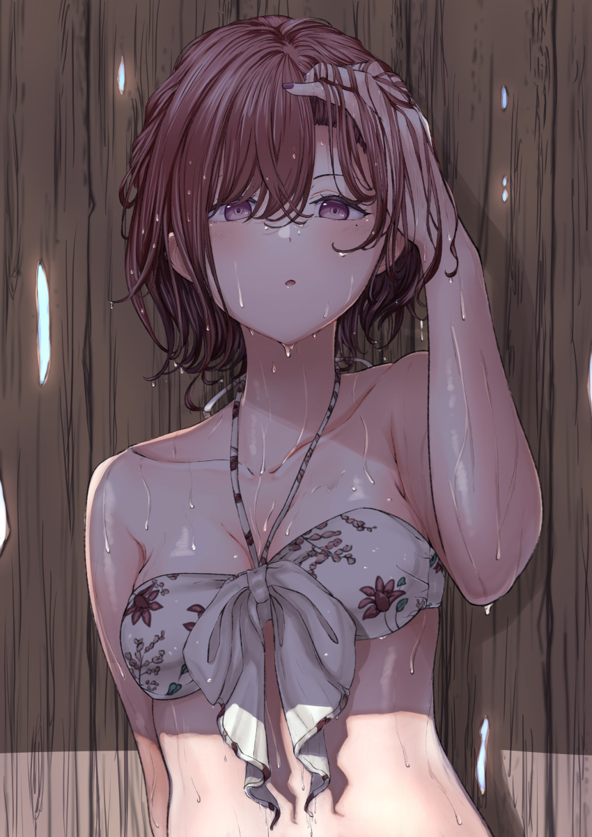 1girl, absurdres, adjusting_hair, bikini, breasts, brown_hair, chestnut_mouth, collarbone