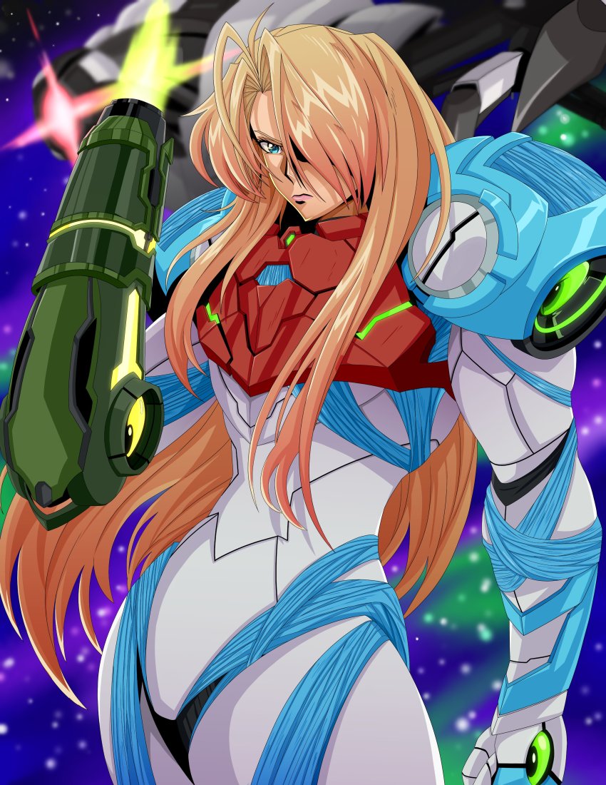 1girl, abstract_background, absurdres, andoryu_anzuru, arm_cannon, armor, blonde_hair, blue_eyes, blurry, depth_of_field, e.m.m.i., frown, furrowed_brow, hair_over_one_eye, highres, long_hair, metroid, metroid_dread, nintendo, normal_suit_(metroid), power_armor, power_suit, power_suit_(metroid), samus_aran, shoulder_armor, weapon