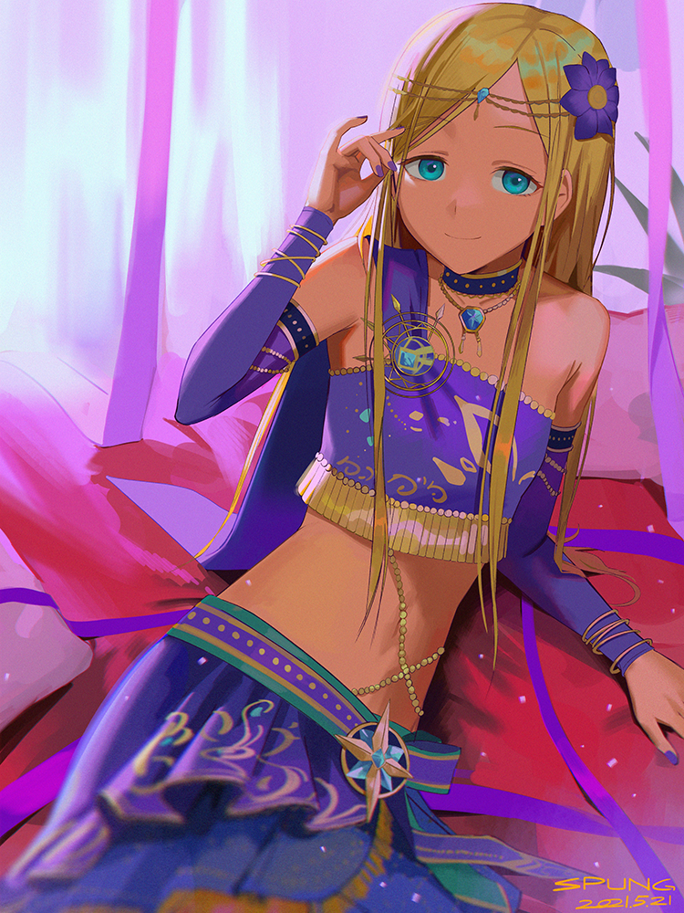 1girl, aqua_eyes, arabian_clothes, artist_name, bad_id, bad_pixiv_id, blonde_hair, breasts