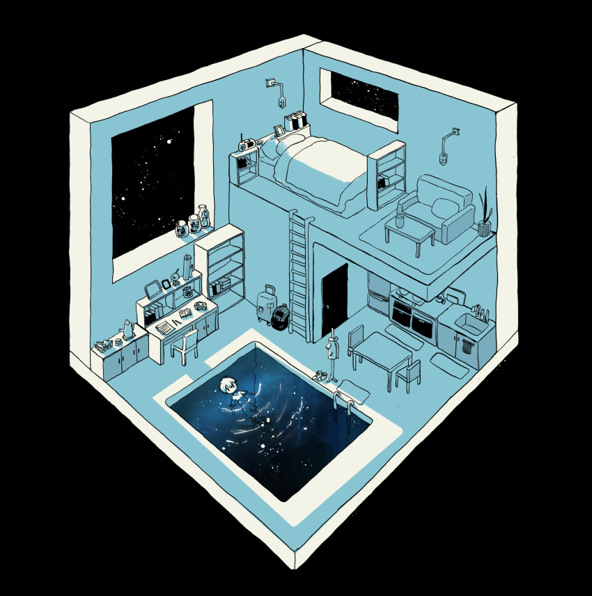 1boy, absurdres, backpack, bag, bed, black_background, book, bookshelf, chair, clothes_rack, commentary_request, couch, cup, desk, door, highres, indoors, jar, kettle, ladder, limited_palette, original, partially_submerged, penci, picture_frame, plant, pool, pool_ladder, potted_plant, radio, refrigerator, sakatsuki_sakana, shirt, shoes, short_hair, short_sleeves, simple_background, sink, sky, solo, star_(sky), starry_sky, stove, suitcase, t-shirt, table, teacup, unworn_shoes, wide_shot, window