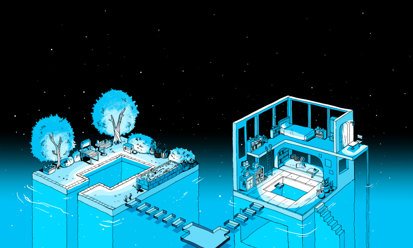 absurdres, bed, blue_theme, bookshelf, bush, cabinet, chair, commentary_request