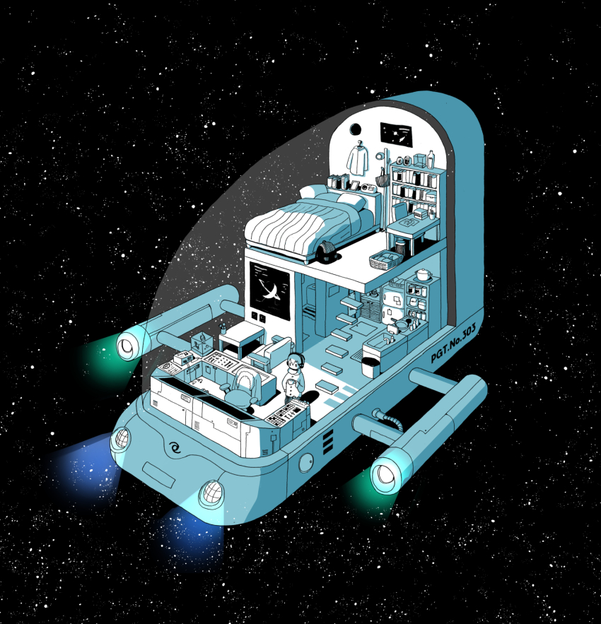 1boy, backpack, bag, bed, book, book_stack, bookshelf, chair