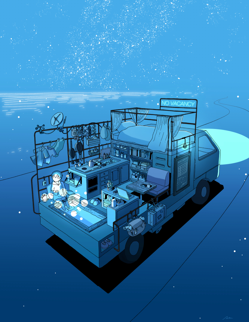 1boy, absurdres, backpack, bag, bath, bed, blue_theme, book